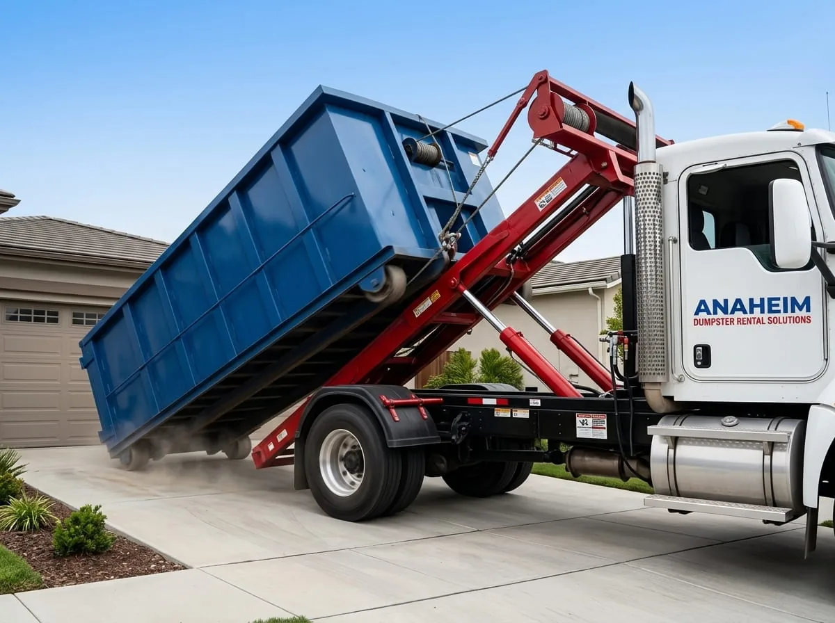 Anaheim Dumpster Rental Solutions crew beside a branded roll-off truck