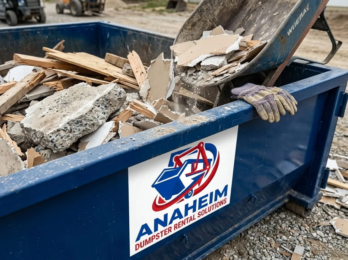 Roll-off dumpster with boards protecting an Anaheim driveway