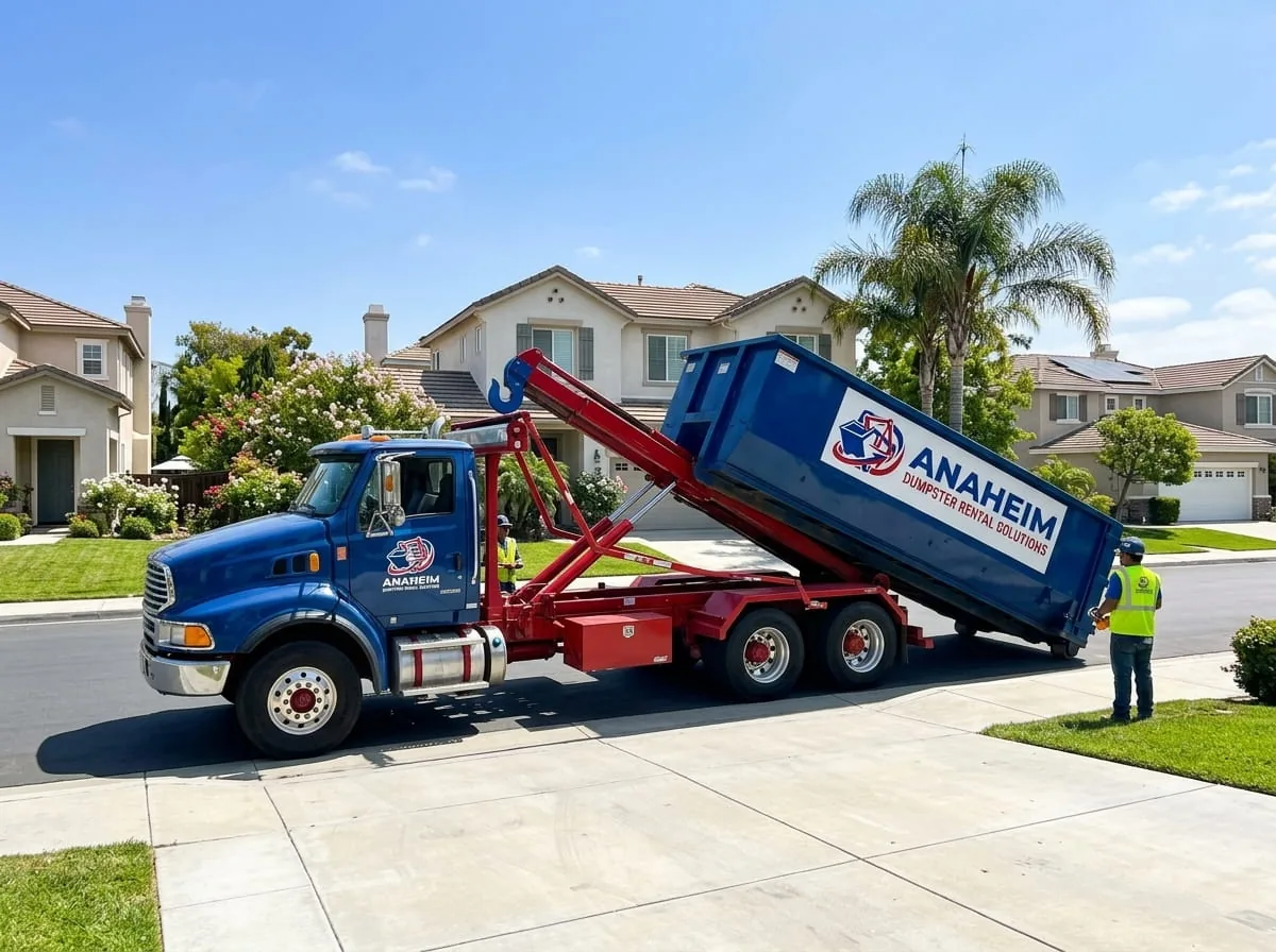 Roll-off dumpster set down quickly on an Anaheim property
